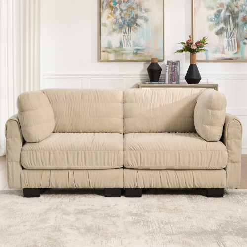 Camel Chenille 2-Seat Modular Loveseat with Ruched Detailing