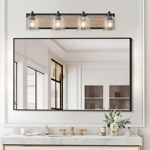 32-Inch Black Iron 4-Light Vanity Sconce with Seeded Glass