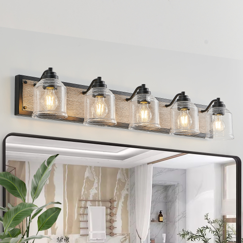31.5-Inch Black Iron 5-Light Vanity Sconce with Seeded Glass