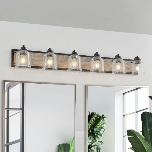31.5-Inch Black Iron 6-Light Vanity Sconce with Seeded Glass