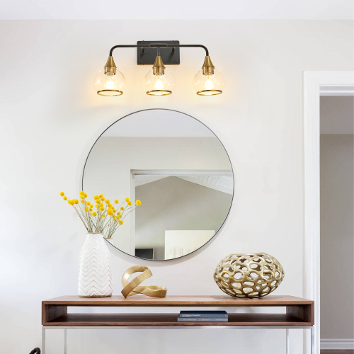 30.9-Inch Black and Gold Iron 3-Light Vanity Sconce with Glass Shades