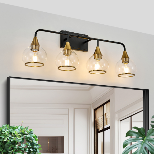 Modern 31-Inch Black and Gold Iron 4-Light Vanity Wall Sconce