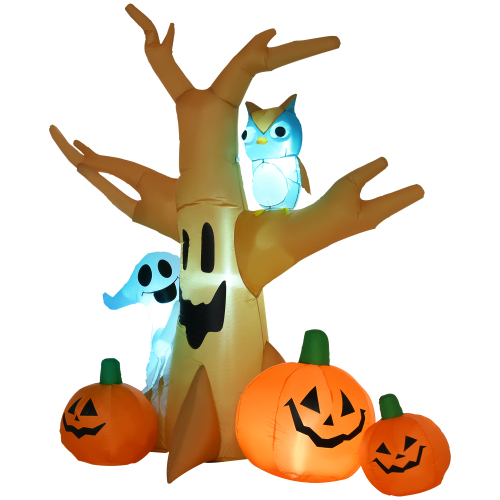 HOMCOM 7.5' Tall Lighted Halloween Inflatables Outdoor Decorations Haunted Tree With Owl, Ghost, Pumpkins, Blow Up LED Yard Decor for Garden, Lawn, Party, Holiday, Waterproof - Multicolor - Polyester