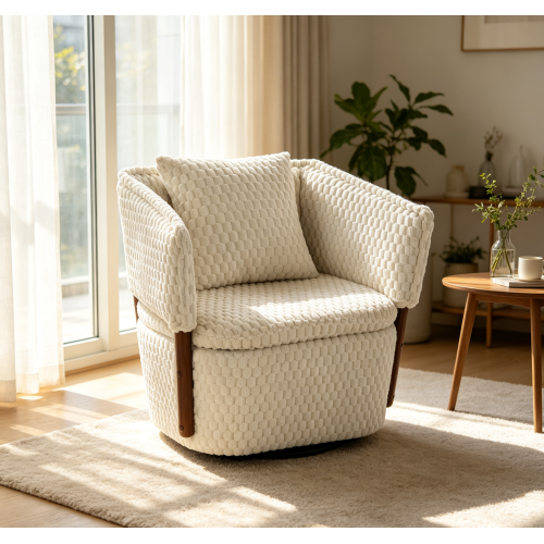 Antique White Corduroy Swivel Accent Chair with Rubberwood Frame