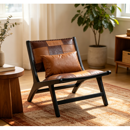Modern Boho Accent Chairs with Solid Wood Frame for Living Room,Mid Century Lounge Chair,Side Chair Indoor - Antique brown - PU Leather - Foam - American Design - Rubberwood - Primary Living Space - Antique brown - PU Leather