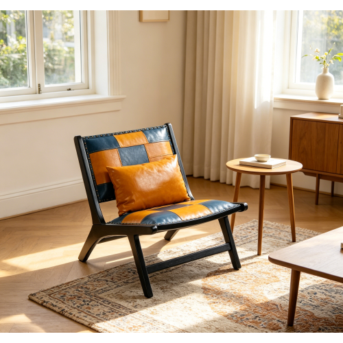 Modern Boho Accent Chairs with Solid Wood Frame for Living Room,Mid Century Lounge Chair,Side Chair Indoor - Blue+Yellow - PU Leather - Foam - American Design - Rubberwood - Primary Living Space - Blue - Yellow