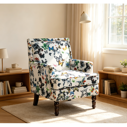 27.17-Inch White Cotton-Linen Accent Chair with Espresso Wood Legs