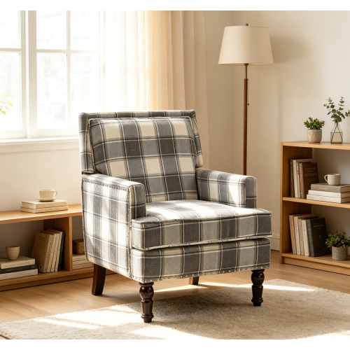 Antique Grey 27-Inch Cotton Linen Accent Chair with Wood Legs