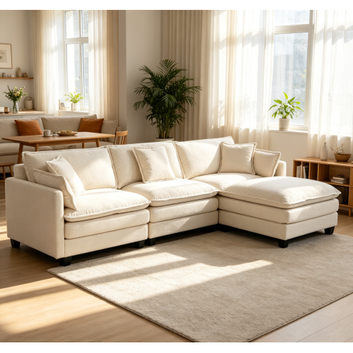 Antique White 77.95-Inch Chenille 3-Seat Modular Sofa with Ottoman