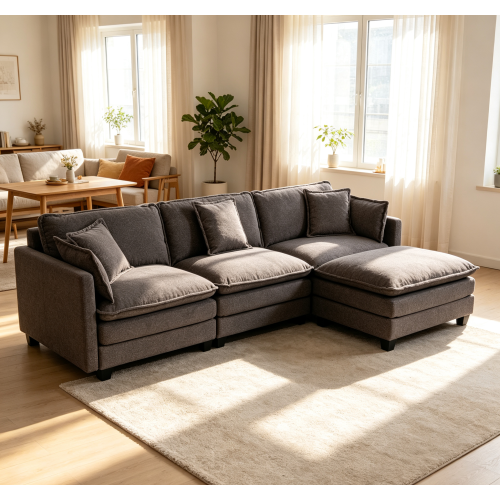 113.77-Inch Antique Grey Chenille 3-Seat Modular Sectional with Ottoman