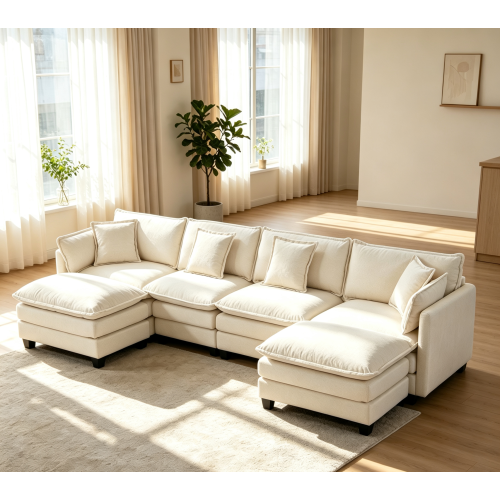 149.61-Inch Antique White Chenille 4-Seat Modular Sectional Sofa