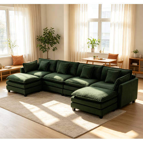Antique Green 4-Seat Modular Chenille Sectional Sofa with Ottomans