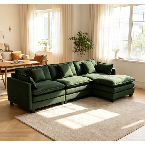 Antique Green 113.77-Inch Chenille 3-Seat Modular Sofa with Ottoman