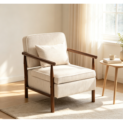 Storage Chair,Mid Century Modern Accent Chair with Solid Wood Frame, Upholstered Living Room Chairs with Waist Cushion, Reading Armchair for Bedroom Sunroom - Antique White - Corduroy - Foam - American Design - Rubberwood - Study - Antique White - Corduroy
