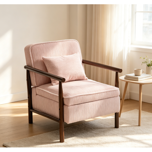Storage Chair,Mid Century Modern Accent Chair with Solid Wood Frame, Upholstered Living Room Chairs with Waist Cushion, Reading Armchair for Bedroom Sunroom - Light Pink - Corduroy - Foam - American Design - Rubberwood - Study - Light Pink - Corduroy