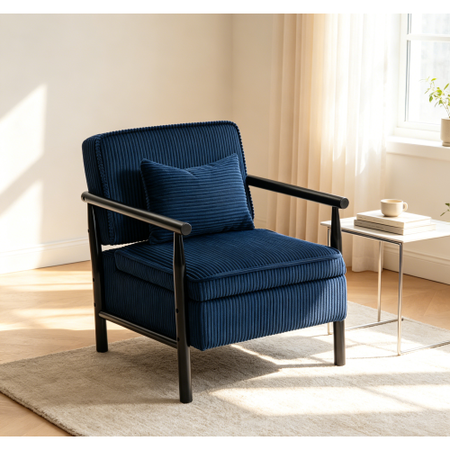 Storage Chair,Mid Century Modern Accent Chair with Solid Wood Frame, Upholstered Living Room Chairs with Waist Cushion, Reading Armchair for Bedroom Sunroom - Antique Blue - Corduroy - Foam - American Design - Rubberwood - Study - Antique Blue - Corduroy