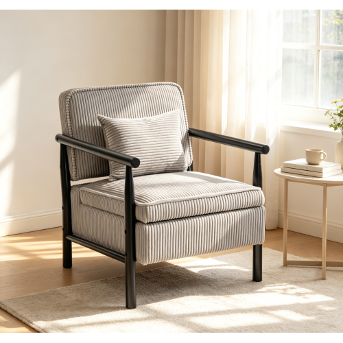 Storage Chair,Mid Century Modern Accent Chair with Solid Wood Frame, Upholstered Living Room Chairs with Waist Cushion, Reading Armchair for Bedroom Sunroom - Antique Grey - Corduroy - Foam - American Design - Rubberwood - Study - Antique Grey - Corduroy