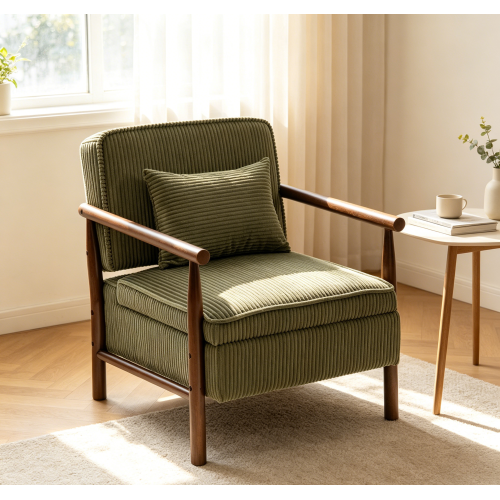 Storage Chair,Mid Century Modern Accent Chair with Solid  Wood Frame, Upholstered Living Room Chairs with Waist Cushion, Reading Armchair for Bedroom Sunroom - Antique Green - Corduroy - Foam - American Design - Rubberwood - Study - Antique Green - Corduroy