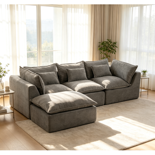 102.3-Inch Antique Grey Fabric 3-Seat Modular Sofa with Ottoman