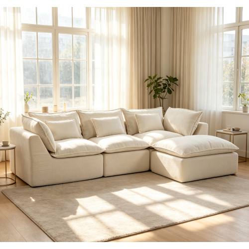 102.3-Inch Antique White Cotton Fabric 3-Seat Modular Sofa with Ottoman