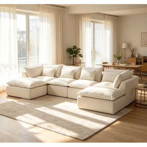 129.8-Inch Antique White Cotton Fabric Modular Sectional Sofa, 4-Seat