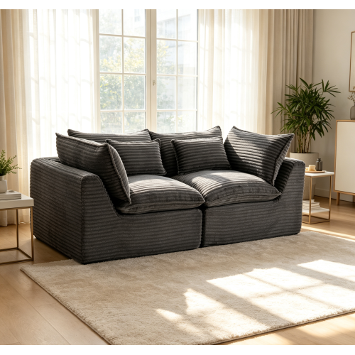74.8-Inch Antique Grey Corduroy 2-Seat Modular Sofa with Deep Seats