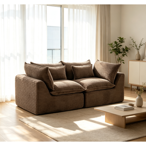 74.8-Inch Khaki Corduroy 2-Seat Modular Cloud Sectional Sofa