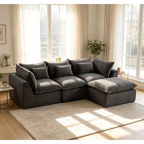 102.3-Inch Antique Grey Corduroy 3-Seat Modular Sofa with Ottoman