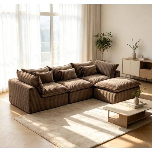 102.3-Inch Oversized Khaki Corduroy 3-Seat Modular Sofa & Ottoman