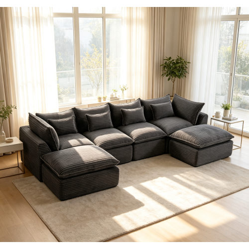 129.8-Inch Antique Gray Corduroy 4-Seat Modular Sofa with Ottomans