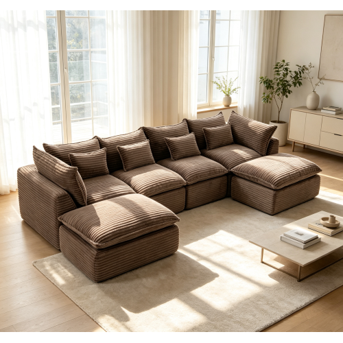 129.8-Inch Khaki Corduroy 4-Seat Modular Sofa with 2 Ottomans