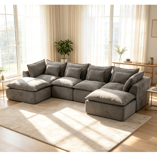 129.8-Inch Antique Grey Fabric 4-Seat Modular Sofa with 2 Ottomans