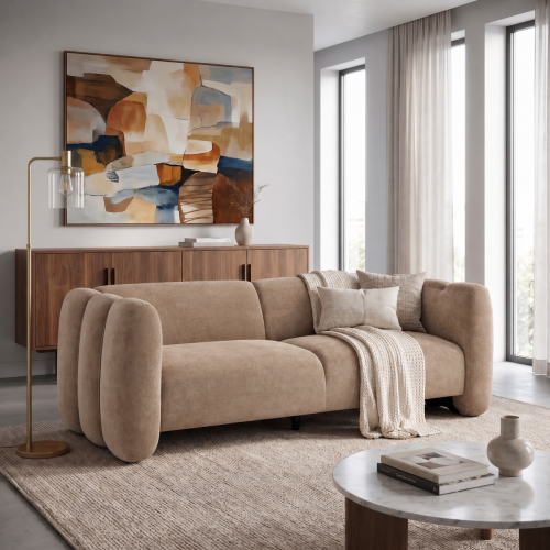 Tonson 83-Inch Camel Wood and Velvet 3-Seater Sofa, Wave Design