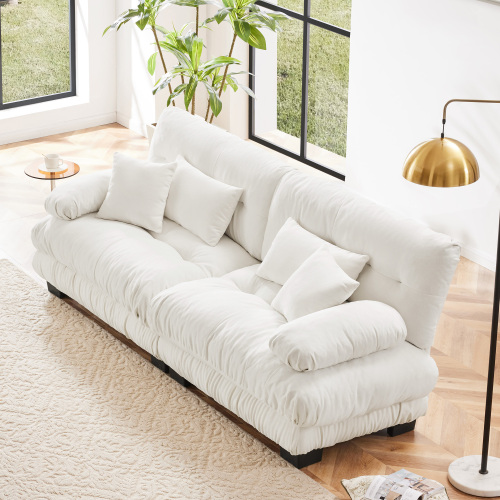White Chenille 2-Seat Cloud Sofa with Wood Frame and 4 Pillows