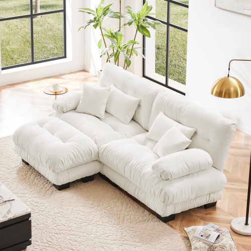 White Chenille 2-Seat Sectional Sofa with Convertible Ottoman