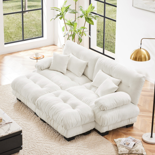 White Chenille 2-Seat Sleeper Sofa with 2 Ottomans and Pillows