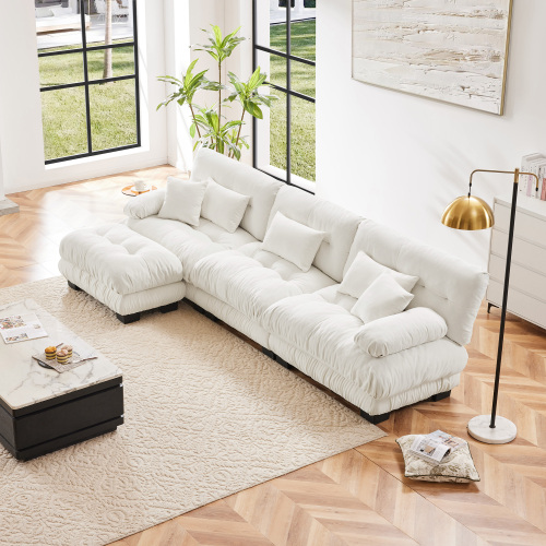 White Chenille 3-Seat Modular L-Shaped Sectional Sofa with Ottoman