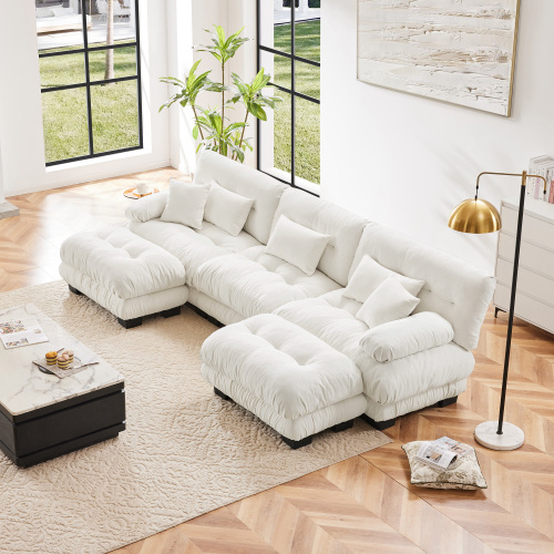 White Chenille 3-Seat Modular U-Shaped Sofa with 2 Ottomans