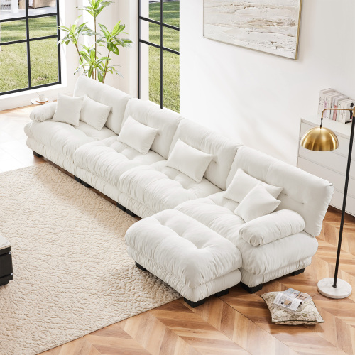 4-Seat White Chenille Modular L-Shaped Sectional Sofa with Ottoman