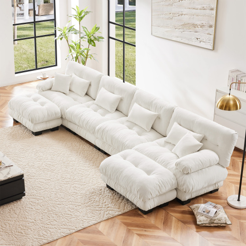 4-Seat White Chenille Modular U-Shaped Sectional Sofa with 2 Ottomans