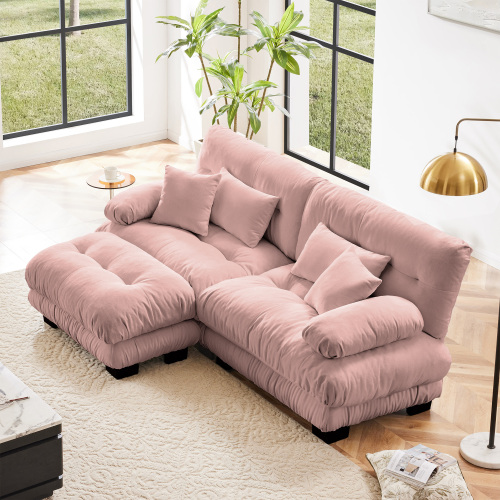 Pink Chenille 2-Seater Sectional Sofa with Convertible Ottoman