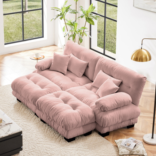 Pink Chenille 2-Seater Sleeper Sofa with Wood Frame and Ottomans