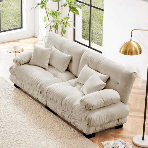 Light Coffee Chenille 2-Seat Sofa with Four Pillows and Wood Frame