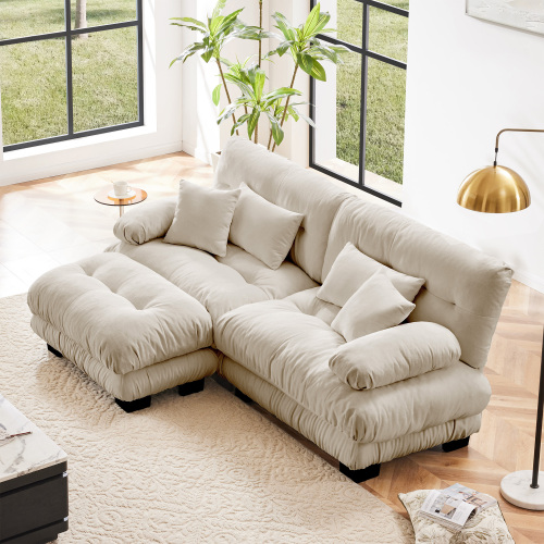 Light Coffee Chenille 2-Seater Sectional Sofa with Convertible Ottoman