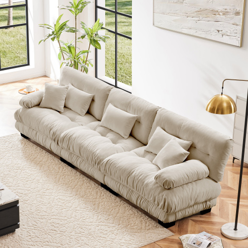Light Coffee Chenille 3-Seat Modular Deep Sofa with Wood Frame