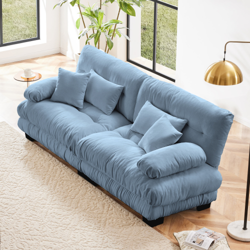 Cloud-Style Blue Chenille 2-Seat Sofa with Pillows and Wood Frame