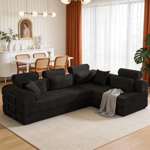 Black 4-Seat Corduroy L-Shaped Modular Sleeper Sectional Sofa