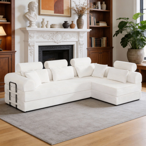 Beige 4-Seat Corduroy L-Shaped Modular Sofa Bed with Foam
