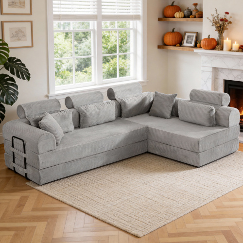 Light Gray 4-Seat Corduroy L-Shaped Modular Sectional with Foam Fill