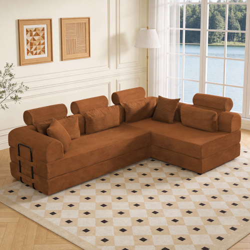 Orange 4-Seat Corduroy L-Shaped Modular Sofa Bed with Foam Fill